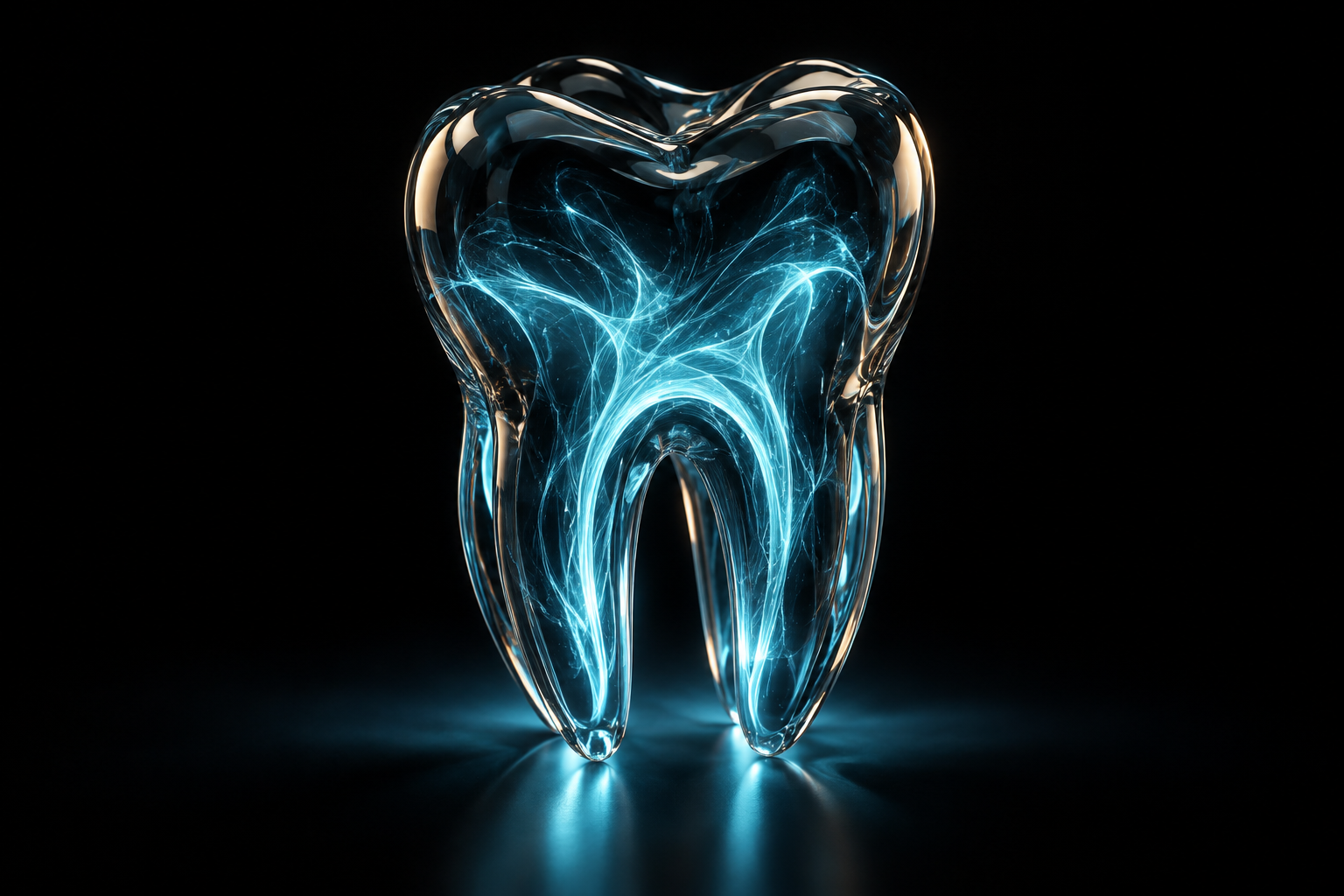 Arte 3D de um dente de vidro com filamentos de luz azul